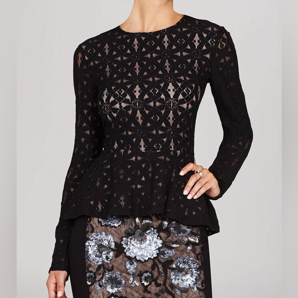 BCBGMaxAzria Black Lace Peplum Tunic Top